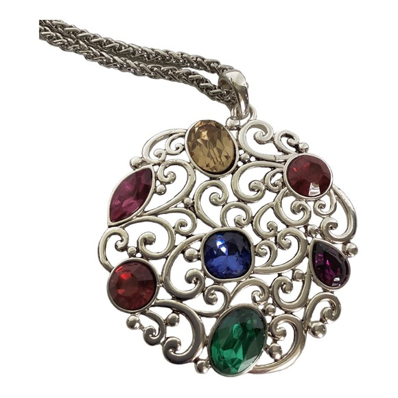 Filigree Pendant Necklace 19 Inches Multicolor Rhinestones Silver Tone By Scroll - Picture 6 of 9